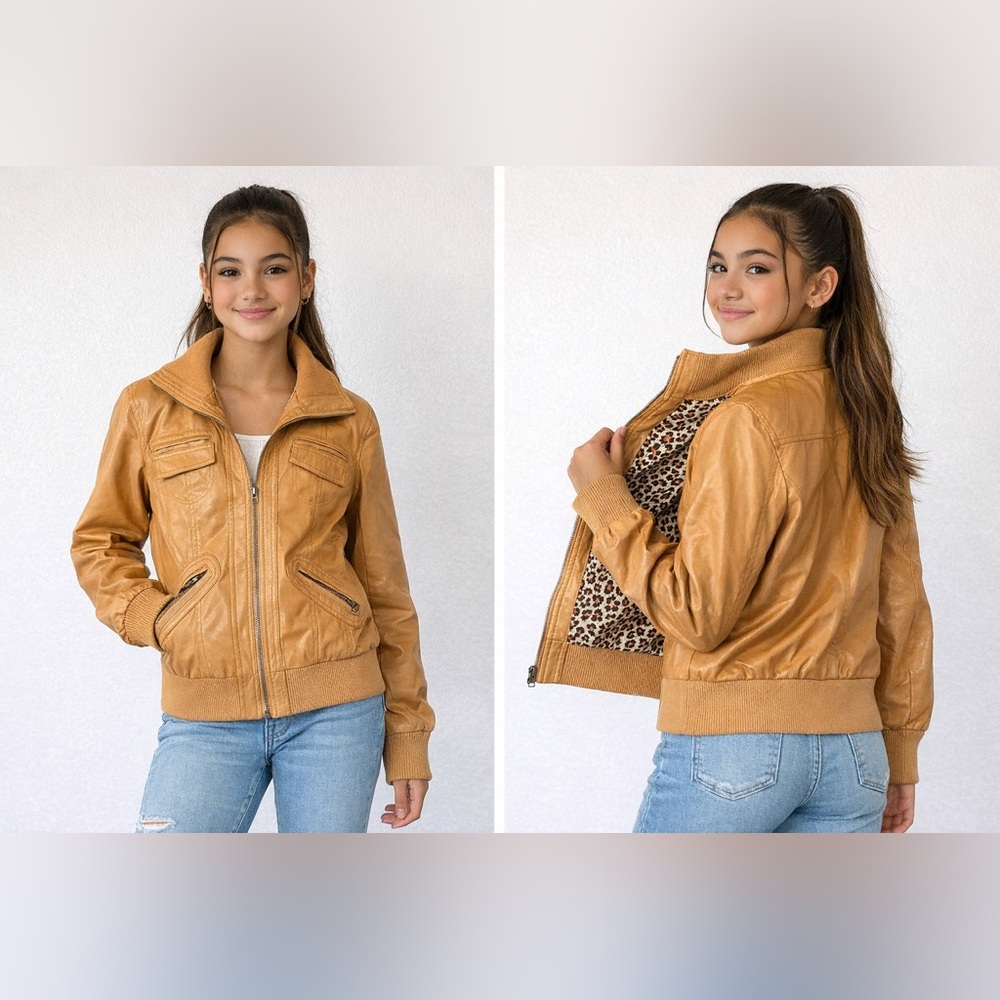 🐆 Faux Leather Jacket – Big Kid Girl Size Large, Color Tan 🐆